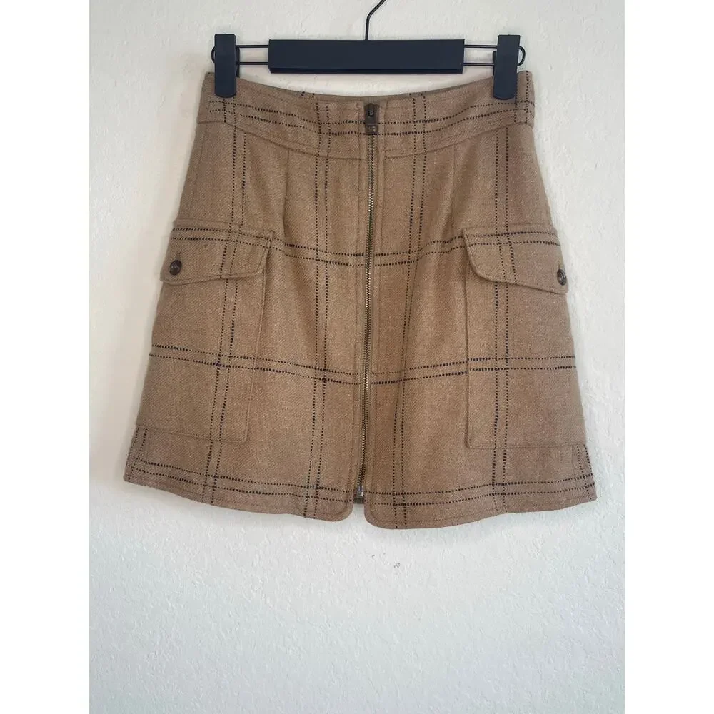 Madewell Zip-Front Mini Skirt in Windowpane Camel Wool Blend Women’s - Size 00